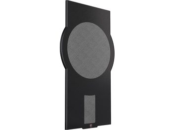Griglia per subwoofer Perlisten D215s, vista a tre quarti, cornice nera, ampia area circolare in tessuto grigio al centro, area rettangolare in tessuto grigio in basso, logo discreto