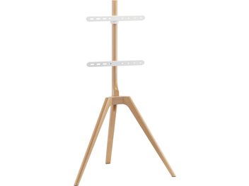 Norstone Pro Vision Wood TV stand in light wood with tapered tripod legs, central column, and two white perforated metal plates for mounting, front view