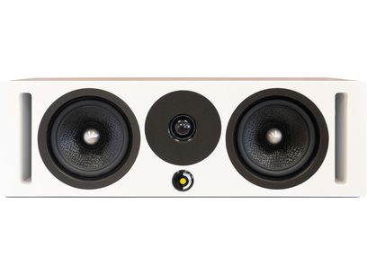 Davis Acoustics Krypton C Nordik valge keskkõlar, eestvaade, 2 musta tekstuuriga kõlarit, must keskmine kõrgsageduskõlar, külgmised bassirefleksiavad