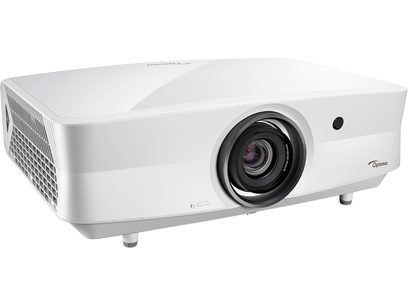 Βιντεοπροβολέας Optoma UHZ65LV σε λευκό χρώμα, ελαφρώς πλάγια μπροστινή όψη, με τον μαύρο φακό στο κέντρο μπροστά