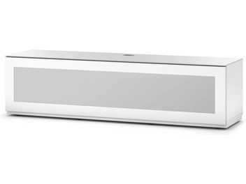 Meuble TV bas rectangulaire blanc laqué brillant, sans poignées apparentes, avec niche centrale ouverte