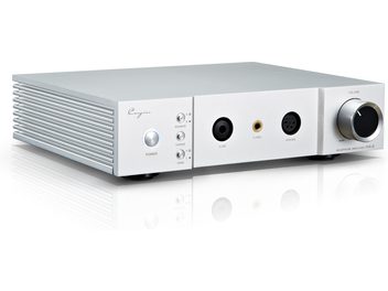 Cayin IHA-8 headphone preamplifier in brushed silver aluminum, three-quarter front left view, left side equipped with ventilation fins, front panel featuring an illuminated power button, three selector switches, three headphone outputs (6.35 mm, 4.4 mm, and 4-pin XLR), and a large volume knob on the right