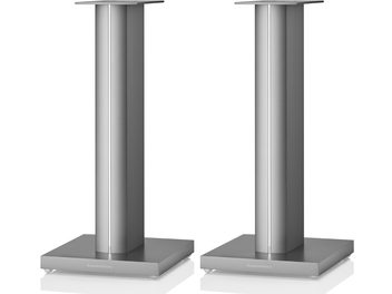 Pied d'enceinte Bowers & Wilkins FS 700 S3 argent, deux vues de face et de profil, forme cylindrique, base carrée, métal