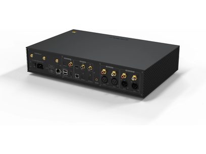 Lecteur audio réseau EverSolo DMP-A8 noir, vue de face, 8 sorties audio RCA dorées, ports USB et Ethernet, affichage LED