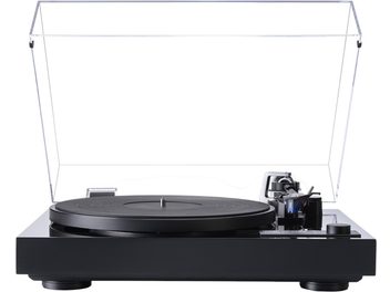 Platine vinyles hi-fi Dual CS 618 GL noir laqué vue de face, boîtier brillant avec couvercle anti-poussière transparent en acrylique relevé, plateau circulaire noir, bras de lecture et bouton de commande à droite