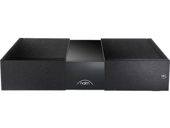 Naim NPX 300 must matt toiteplokk eestvaates, koosneb 3 üksteise peal asetsevast ristkülikukujulisest plokist, millel on keskel logo