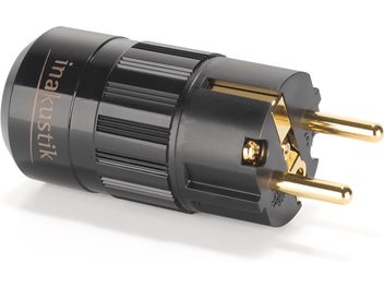 Basic power adapter with SCHUKO plug, black ribbed cylindrical body, gold-plated metal pins, side perspective view