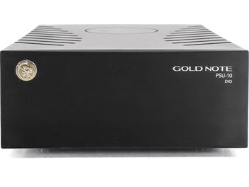 Gold Note PSU-10 EVO must toiteplokk, esivaatest, must ristkülikukujuline korpus kuldse logoga ja õhutusavadega