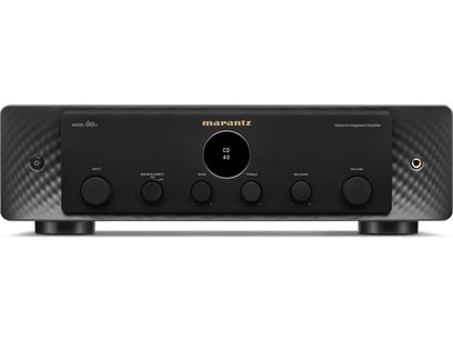 Ampli hi-fi stéréo Marantz 60n, vue frontale, boîtier noir, 6 boutons circulaires, écran central affichant "CD 40"