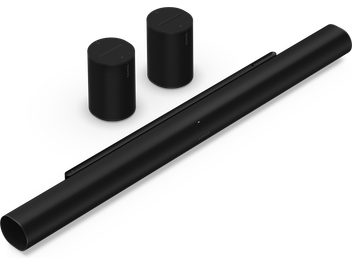 Barre de son Sonos ARC Ultra + Era 100, vue en angle, cylindrique, noire, accompagnée de 2 haut-parleurs noirs cylindriques