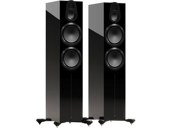 Enceintes colonne Monitor Audio Gold 500 6G noir laqué, vue de face, 2 haut-parleurs circulaires, 1 tweeter, socles angulaires
