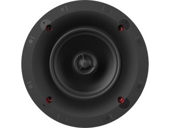 Enceinte encastrable noire Klipsch DS-160-C Sky Hook, vue de face, grille noire avec 4 vis rouges, tweeter central