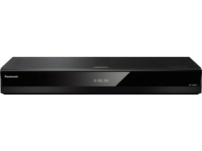 Panasonic DP-UB820 melns 4K Blu-ray atskaņotājs, skats no priekšpuses, digitālais displejs "0:00.00" uz iebūvētā ekrāna