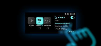 Interfaz de usuario sobre pantalla negra retroiluminada, iconos en cian y gris con Effect ON resaltado, panel HP-EQ que muestra varios auriculares a la derecha, vista frontal