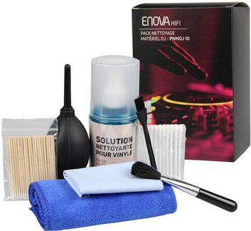 Kit per la pulizia dei vinili comprendente una soluzione detergente, salviette, una spazzola e un panno, presentato con la sua confezione