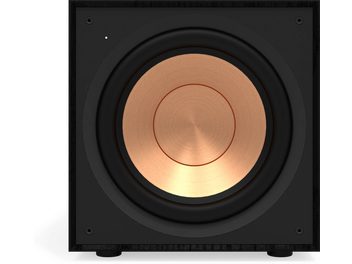 Klipsch R-101SW must subwoofer, vasest keskkõlar, esipaneel, tume põrand