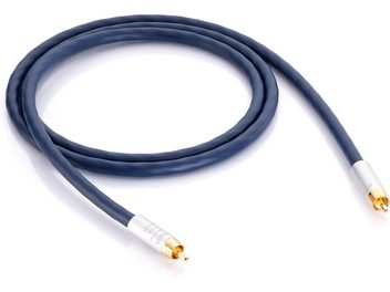 Cifrski koaksialni kabel Inakustik Connect 212 Digital RCA 1,5 m, temno modra mehka PVC ovojnica, dva moška RCA konektorja s srebrnim ohišjem in pozlačenimi vtiči, pogled na beli ozadji