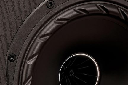Vue rapprochée d'un haut-parleur noir avec bord texturé, vis noires visibles et cône central brillant entouré d'un motif circulaire