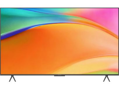 Telewizor wysokiej rozdzielczości Panasonic TV-85W95BEG w kolorze czarnym, z cienką ramką z matowego plastiku, duży płaski ekran umieszczony na dwóch rozstawionych metalowych nogach, widok z przodu