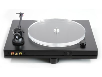 New Horizon 202 black vinyl turntable, silver circular platter, black tonearm, golden knobs, black rectangular base