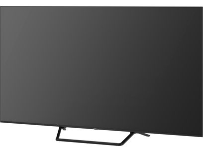 Panasonic TV-75W95BEG high-definition television in black, flat glass screen with thin plastic bezel mounted on a tubular metal stand, three-quarter front view