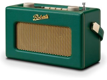 Radio Roberts Revival Uno BT, pogled z leve prednje strani, pravokotna ohišnica iz zrnatega umetnega usnja v zeleni barvi z zlatim kovinskim mrežastim pokrovom zvočnika, kremne tipke na vrhu, kromirana raztegljiva antena in prijemalo na strani v skladu z obarvanjem