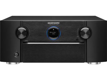 Preamplificatore home theater Marantz AV7706 nero, frontale in alluminio, display blu, manopole rotanti e tonde, vista frontale