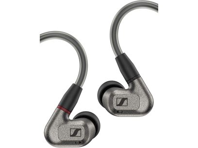 Casque intra-auriculaire Sennheiser IE 600 gris métallisé, vue de profil, embouts incurvés, transducteurs en forme de goutte