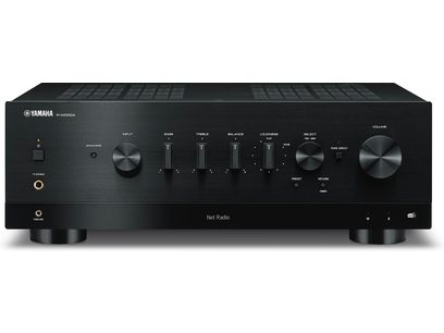 Yamaha R-N1000A black stereo hi-fi amplifier, angled front panel with buttons, LCD screen, headphone jack, and USB port