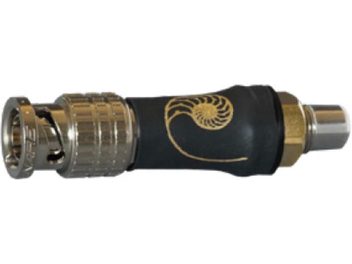 Cardas RCA male to BNC female adapter in golden metal with nautilus logo, side view