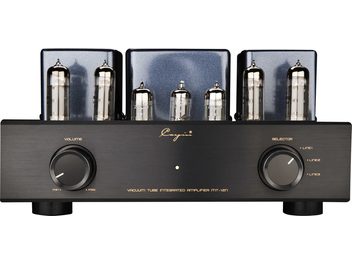 Cayin MT-12N EL84 black stereo tube integrated amplifier, brushed aluminum front panel with two large symmetrical circular knobs, central indicator light, and a row of vacuum tubes in front of three metal covers