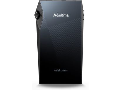 Baladeur audiophile Astell&Kern SP3000M, vedere din față, ecran negru, buton rotativ pe partea stângă, linii fine diagonale