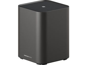 Subwoofer Sennheiser AMBEO Sub cubico nero, logo bianco, griglia forata anteriore, LED acceso sulla parte superiore