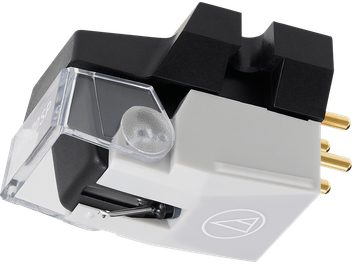 Cellule platine vinyles Audio Technica VM670SP noire, vue de 3/4 arrière, avec diamant sphérique visible