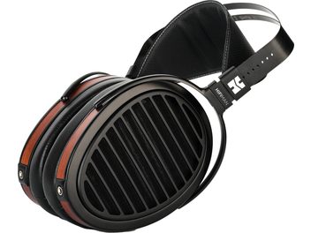 Casque hifi ouvert Hifiman Arya Organic noir et bois, vu de profil gauche, oreillettes ovales, arceau cuir, câble détachable