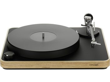 Platine vinyles hi-fi ClearAudio Pack Concept Maestro bois clair, vue de face, plateau noir, bras de lecture argenté, bouton de réglage à gauche