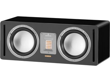 Enceinte centrale AudioVector QR Center SE noir, boîtier rectangulaire noir en finition laquée, vue de trois-quarts avant gauche, deux haut-parleurs à membrane métallique argentée cerclés d’anneaux alu, tweeter ruban central sur plaque aluminium, fentes bass-reflex verticales aux extrémités