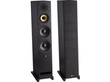 Ensemble de deux enceintes colonnes Davis Acoustics Krypton 9 technik noires en bois, vue de trois-quarts avant, l’une sans grille révélant tweeter noir, médium jaune, deux woofers noirs et évent, l’autre avec grille textile sombre, les deux sur socle rectangulaire