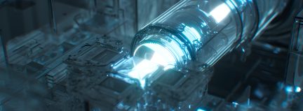 Vue rapprochée d'un cylindre transparent lumineux entouré de structures géométriques complexes en verre