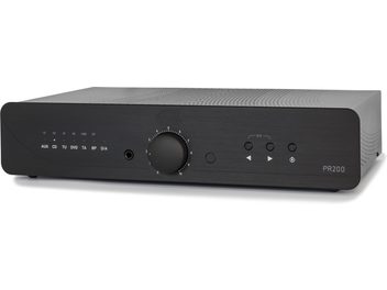 Atoll Electronique PR200 Signature black stereo preamplifier, brushed aluminum faceplate, knobs, jack connectors, grille