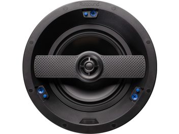 Enceinte encastrable Russound IC-620, vue de face, grille noire avec 4 vis bleues, tweeter central argenté