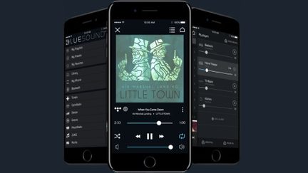 Tre sorte smartphones i glas og metal, den ene set forfra med et albumcover og lydkontroller, flankeret af to andre let vinklede, der viser menuer
