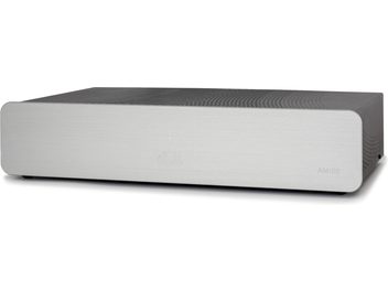 Atoll AM100 Signature hi-fi power amplifier, brushed aluminum silver chassis, minimalist front panel, rectangular shape