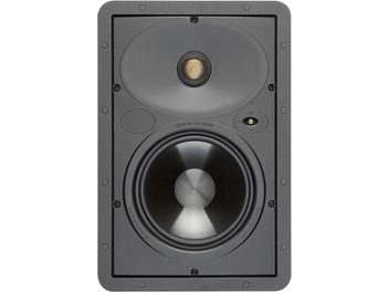 Monitor Audio Core W165 must sisseehitatud kõlar, esivaatest, ümmargune hõbedane keskmine kõlar tumedas hallipruunis ruudukujulises keres