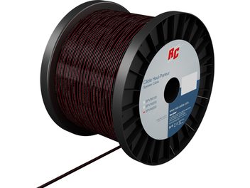 Bobine de câble audio noir et rouge Real Cable SPVIM150/200/250 sur fond blanc avec étiquette produit