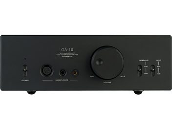 Préampli casque Hifiman GA-10, vue frontale, boîtier rectangulaire noir, bouton volume central, prises casque, interrupteurs
