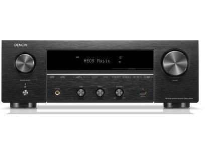 Ampli hi-fi stéréo Denon DRA-900H noir, vue de face, affichage LED "HEOS Music", boutons et molettes de réglage