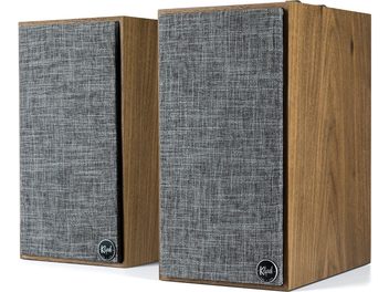 Enceintes Klipsch The Fives noyer, paire, bois foncé, façade tissu gris, logo argenté, vue de face
