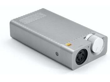 STAX SRM-D10 silver audio DAC converter, top perspective view, front with knob and headphone jack