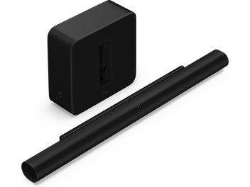 Barre de son noire allongée, vue en perspective, avec subwoofer rectangulaire noir, angle de vue légèrement en plongée